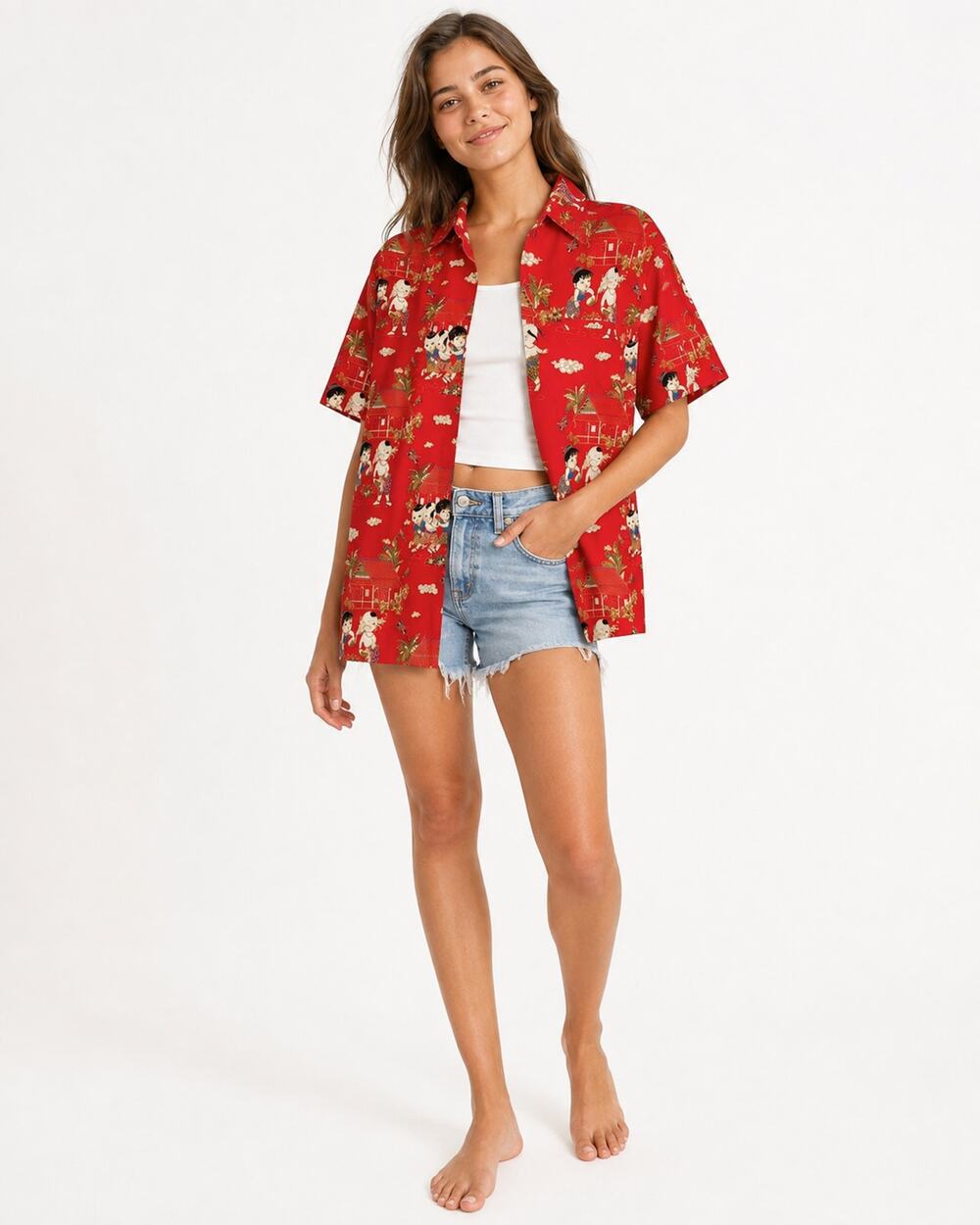 80s Red Cotton Novelty Print Shirt Kawaii Children Print